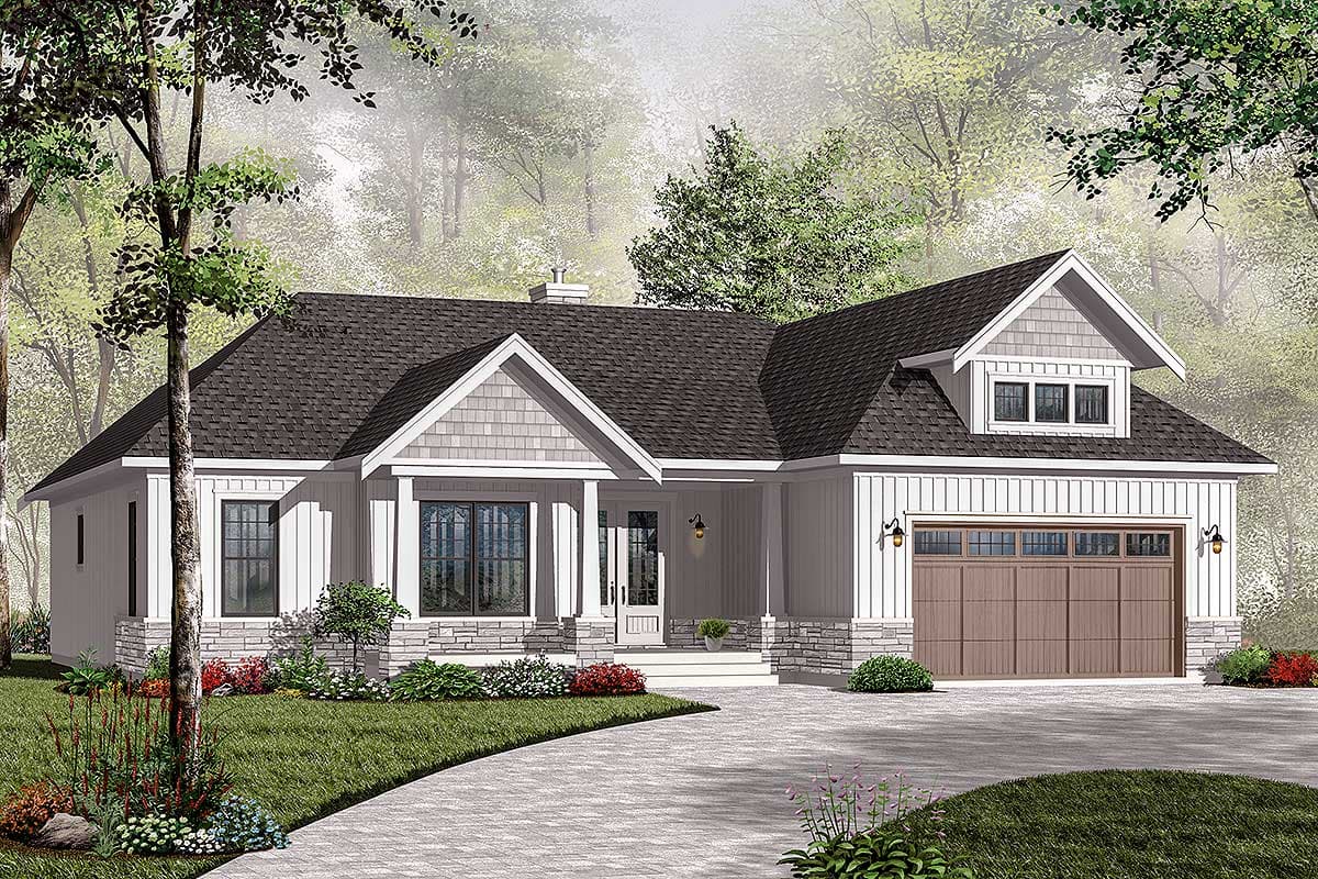 House plan exterior featuring a Craftsman style. The one-story home has a front porch, gables, and a garage with a dormer window above.