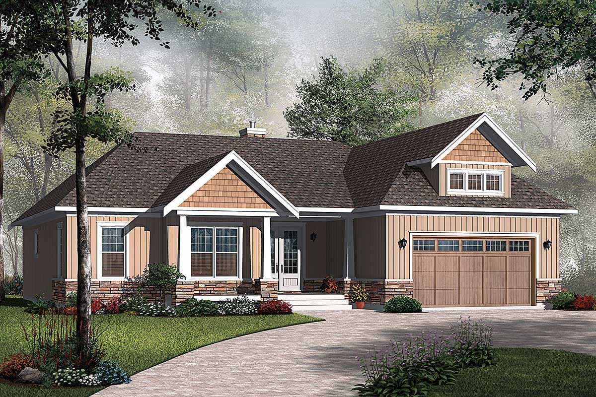 House plan exterior: one-story, gable roof, front-facing dormer, covered entry porch, and attached garage.