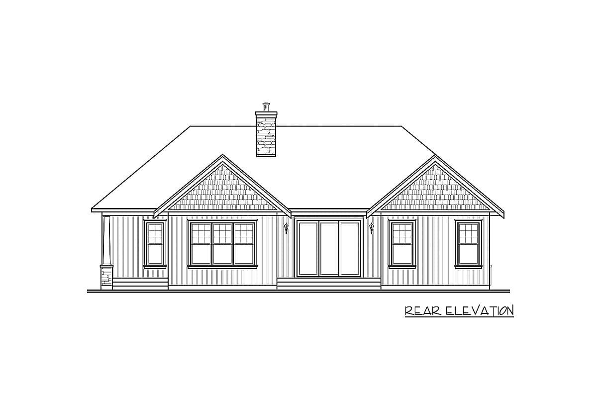 Rear elevation of a one-story house plan with a large central window, paired windows, gabled dormers, and a prominent brick chimney.