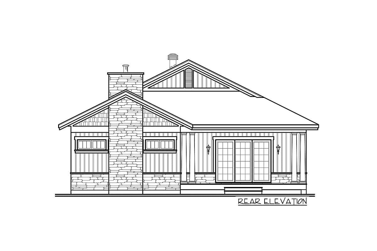 Rear elevation house plan showing stone chimney, gable with siding, and sliding glass doors with a covered porch.
