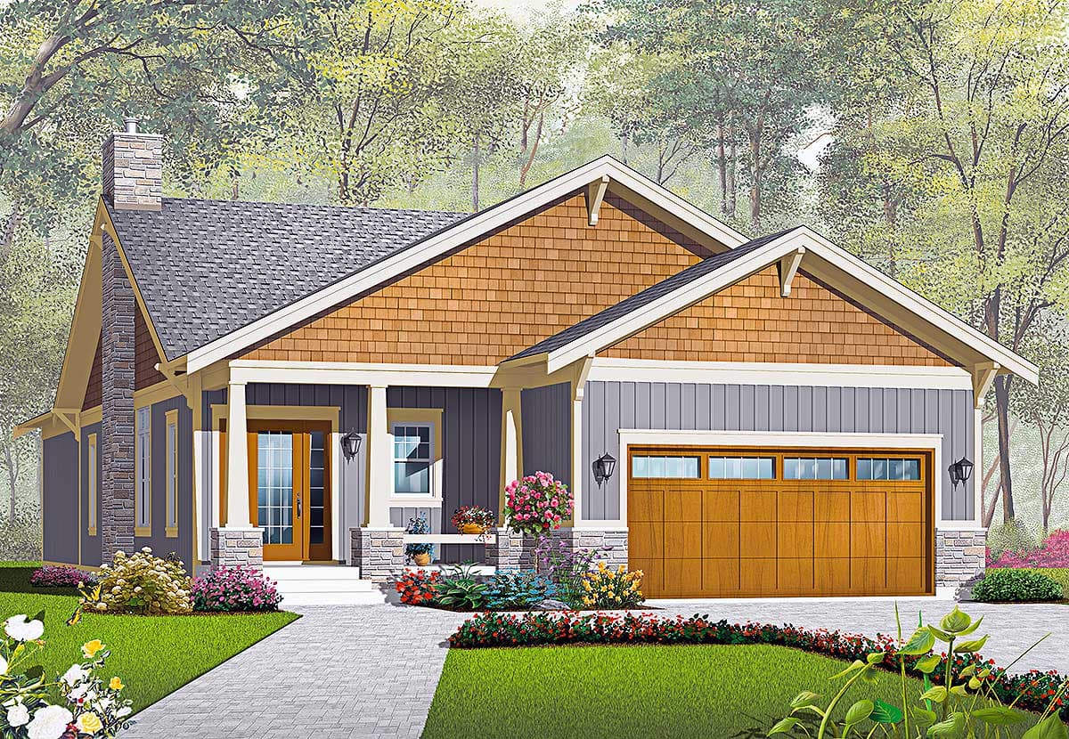 House plan exterior: Craftsman style, 1-story, with stone chimney, covered front porch, and wood garage door.