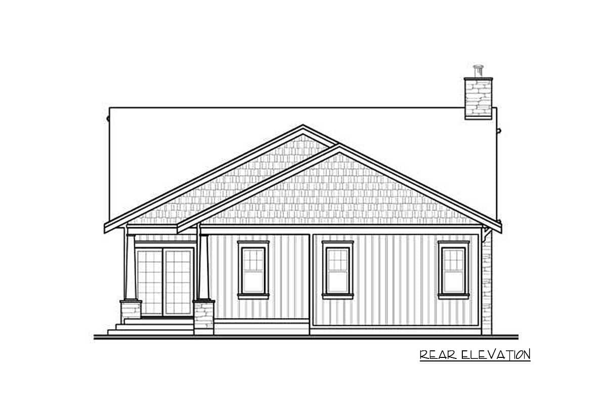 Rear elevation drawing of a single-story house plan with a prominent gabled roof, shingled dormer, and covered porch.