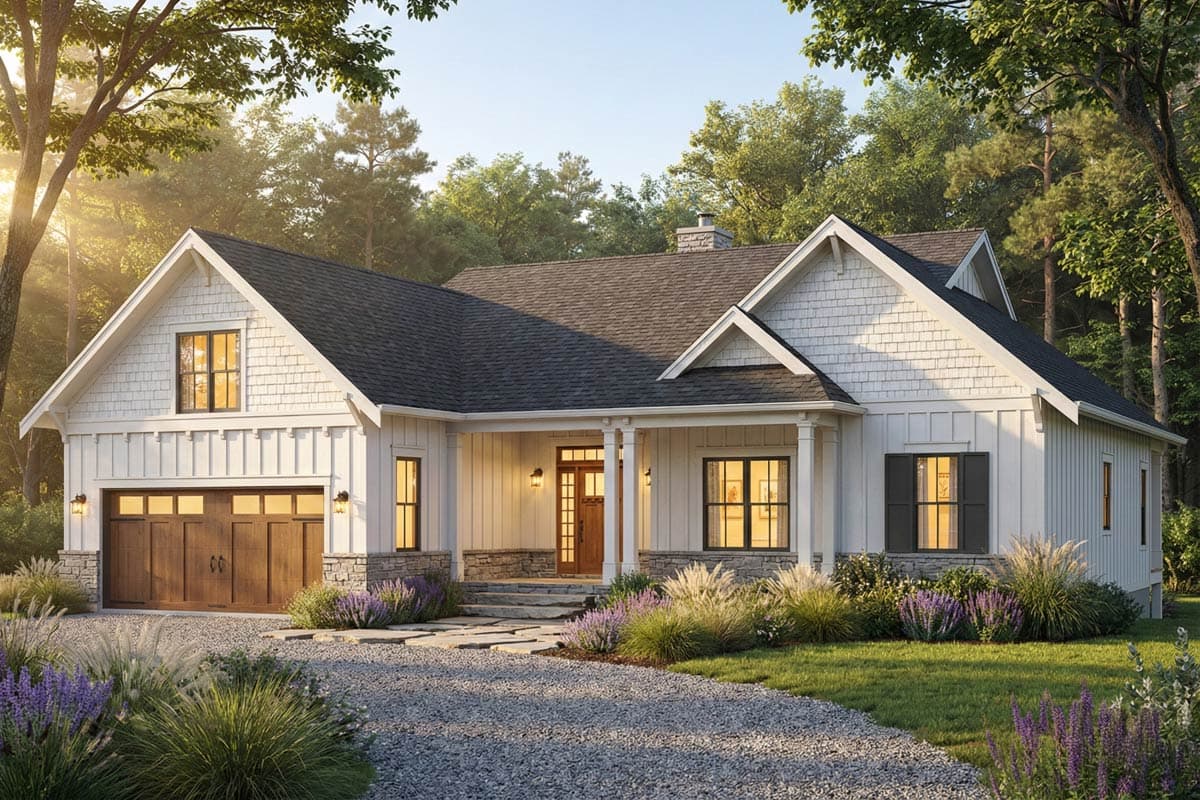 House plan exterior with Craftsman style. Features include a front porch, gables, and a two-car garage. One story home with a prominent roofline.