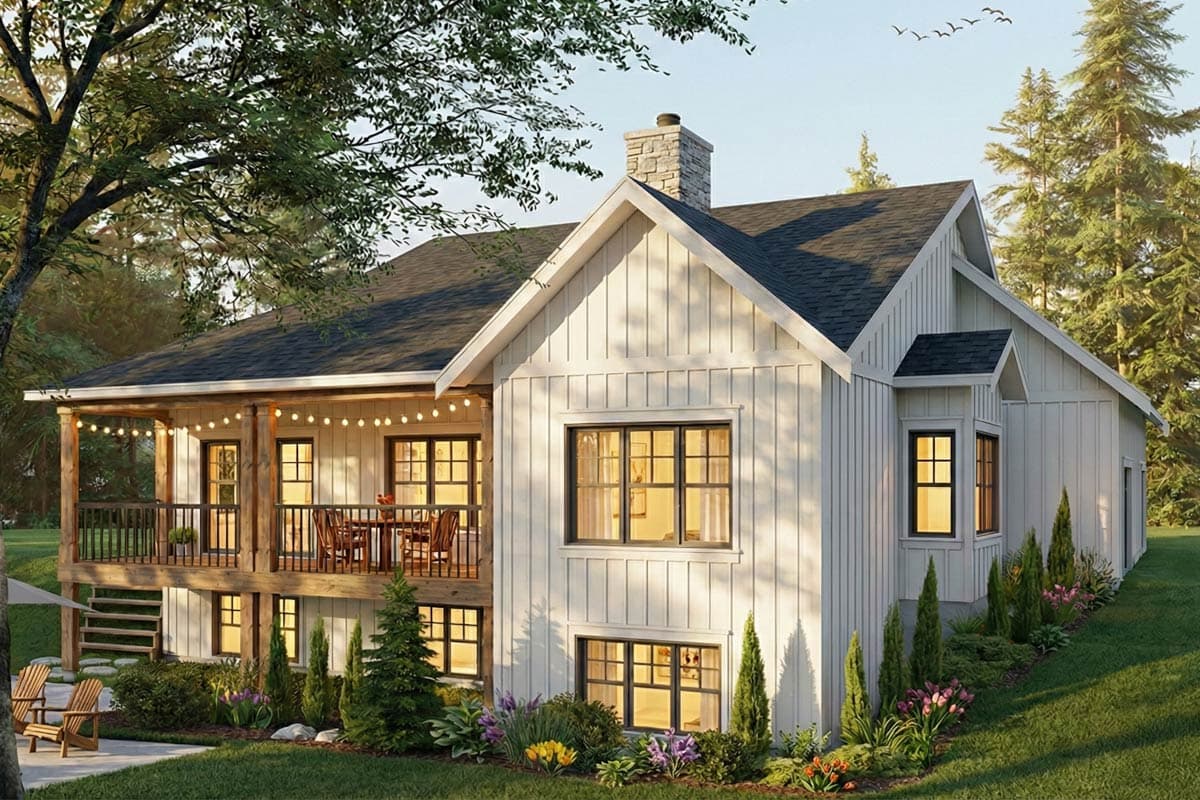 House plan exterior: Ranch style with covered porch, gabled dormers, and attached garage.