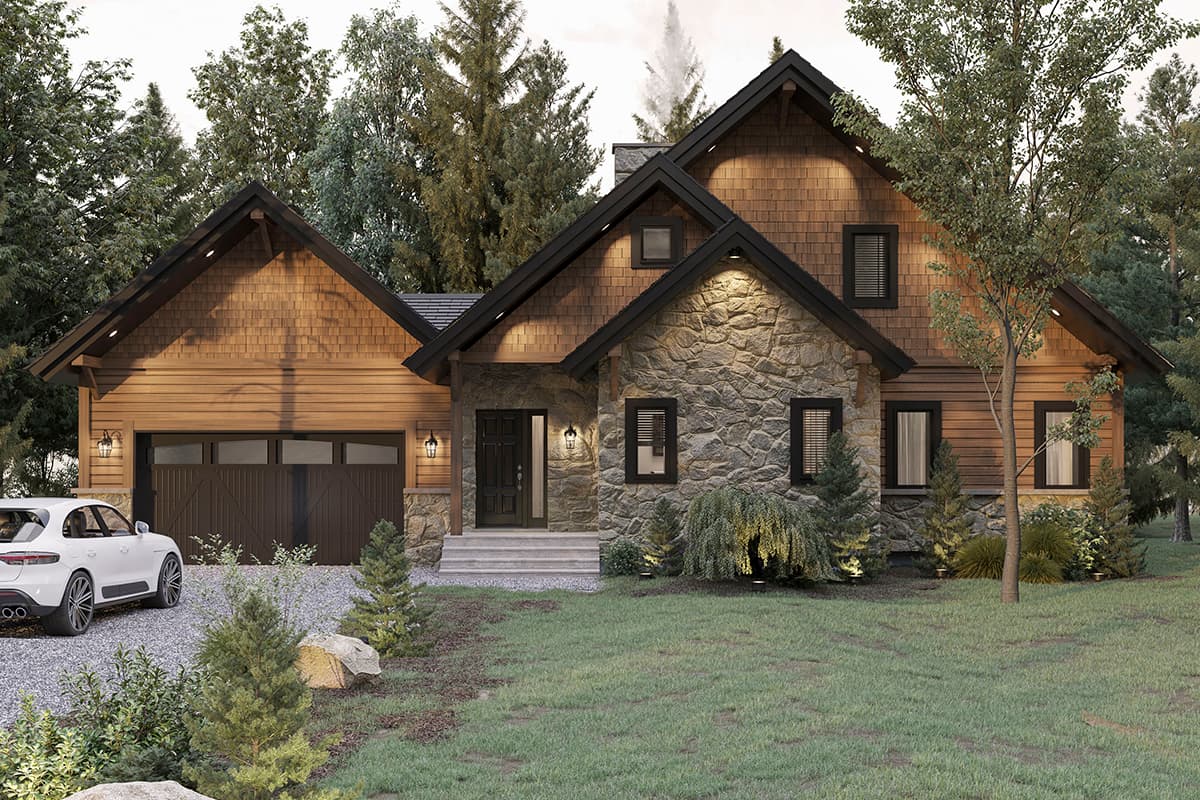 House plan exterior. Two-story with shingle siding, stone accents, and multiple gables. Features include an attached garage and front entry porch.