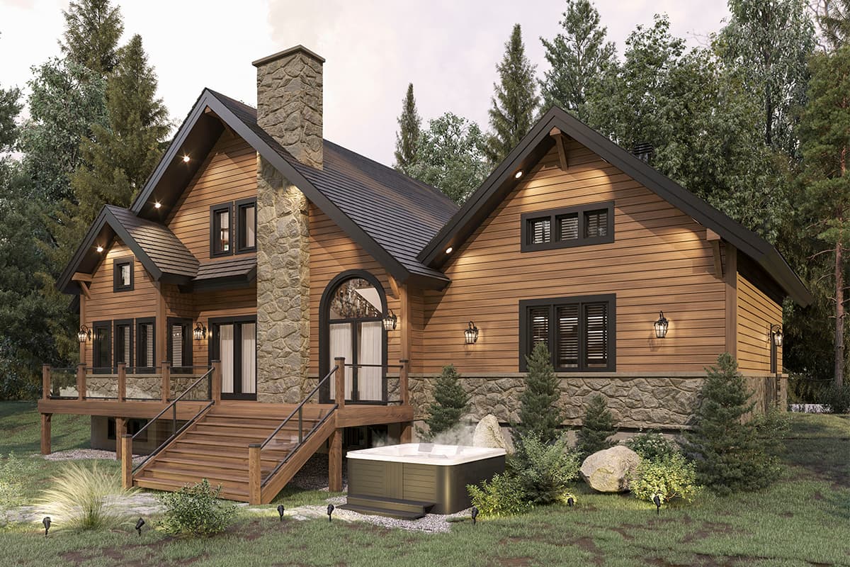House plan exterior of a two-story lodge-style home with wood siding, stone accents, a prominent stone chimney, and a large deck with a hot tub.