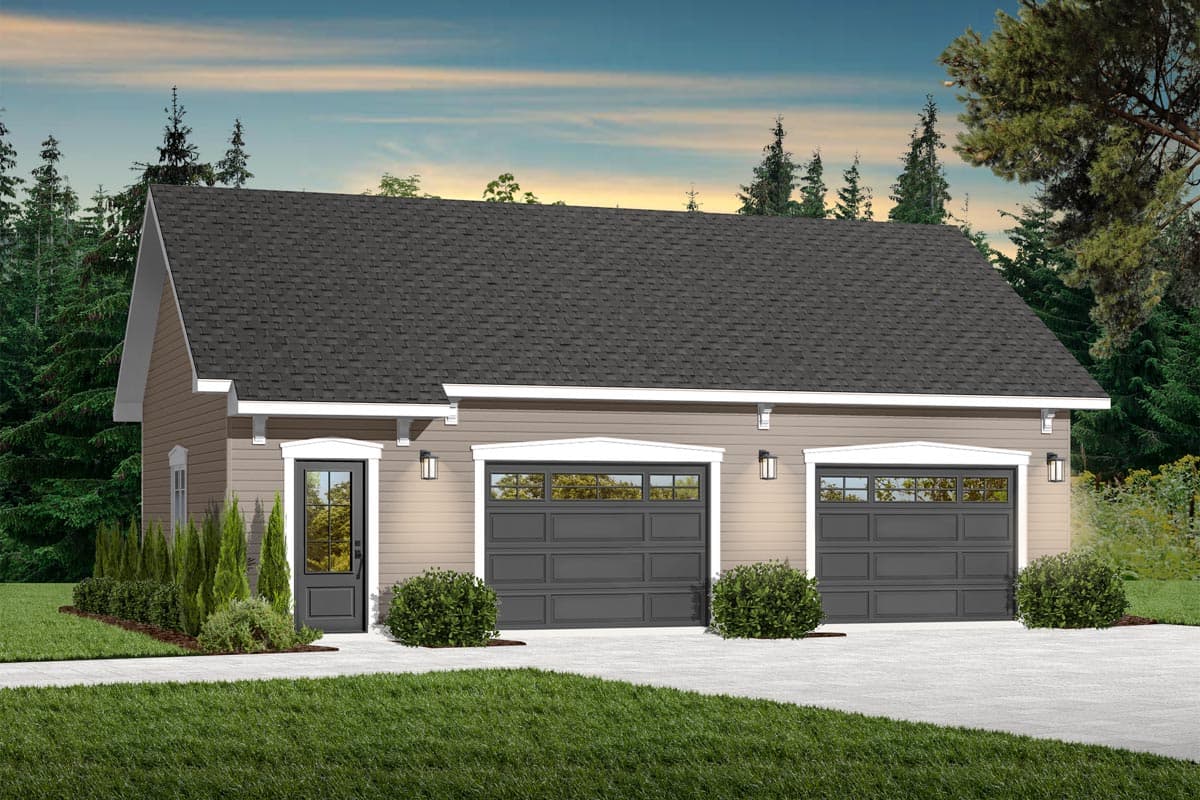House plan exterior: One-story building with two garage doors, single side door, and peaked gable.