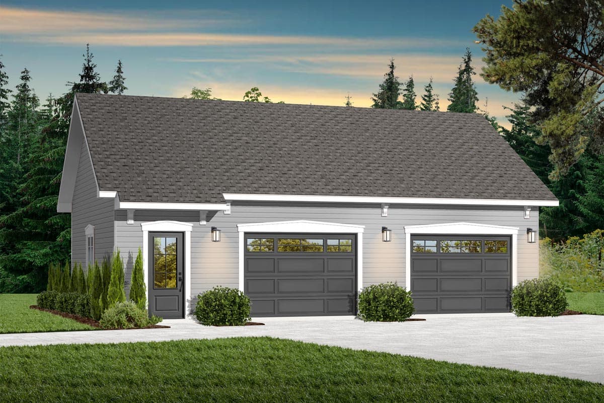 House plan exterior of a one-story building with a gable roof, featuring a single pedestrian door and two double-width garage doors with windows.