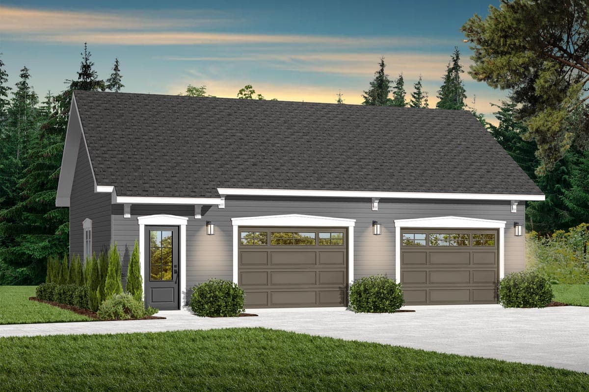 House plan exterior featuring a two-car garage with a gable roof, two overhead garage doors, and a front entry door with transom.