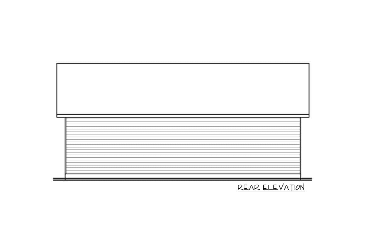 Rear elevation drawing of a house plan, showing a simple rectangular form with horizontal siding.