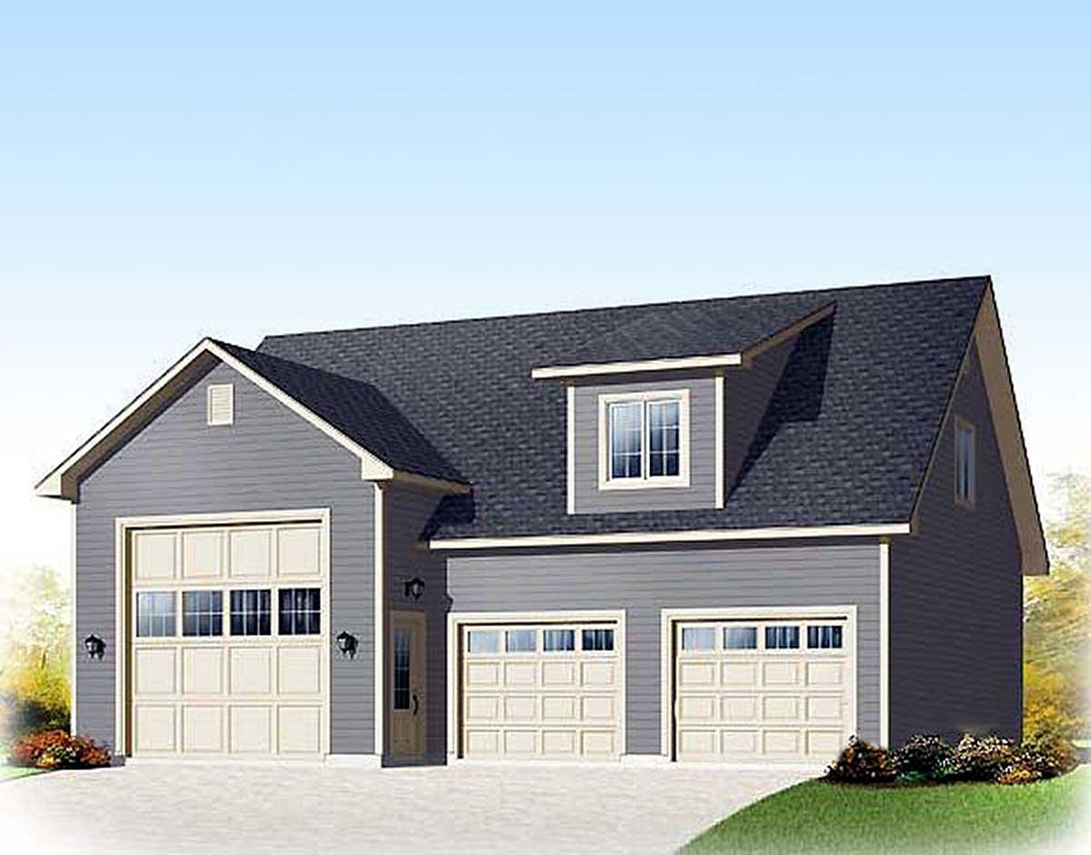 House plan exterior: Two-story structure with a steep gable roof, dormer window, and three garage bays.