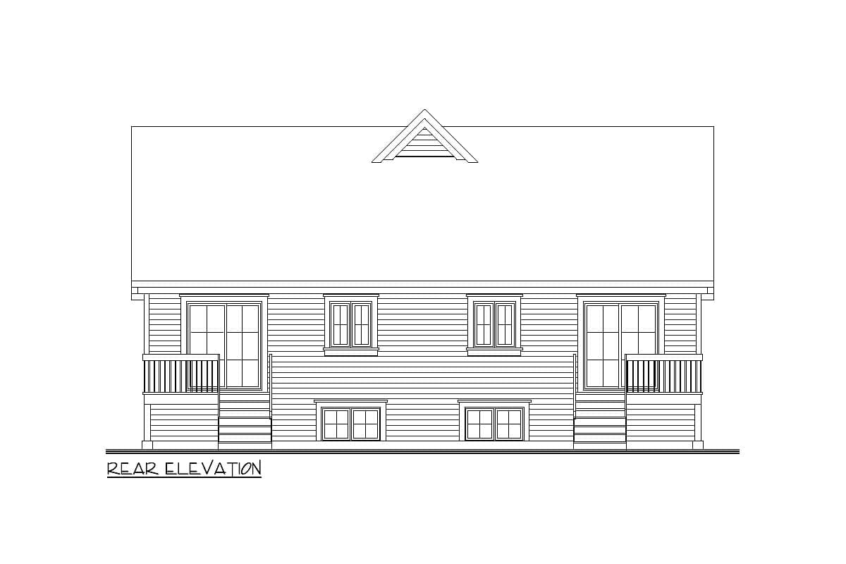 Rear elevation drawing of a two-story house with double doors, multiple windows, and covered porches.