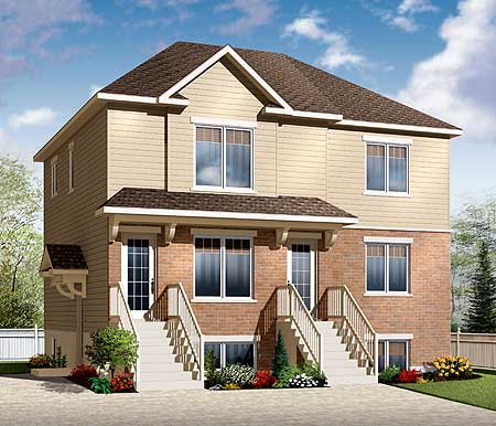 House plan exterior of a two-story duplex with brick and siding, featuring symmetrical front entrances with stairs and gables.