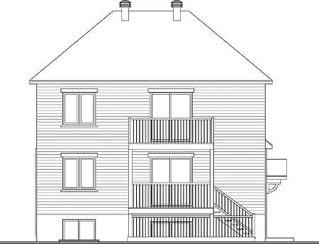 House plan elevation drawing of a multi-story building with balconies, stairs, and double-hung windows.