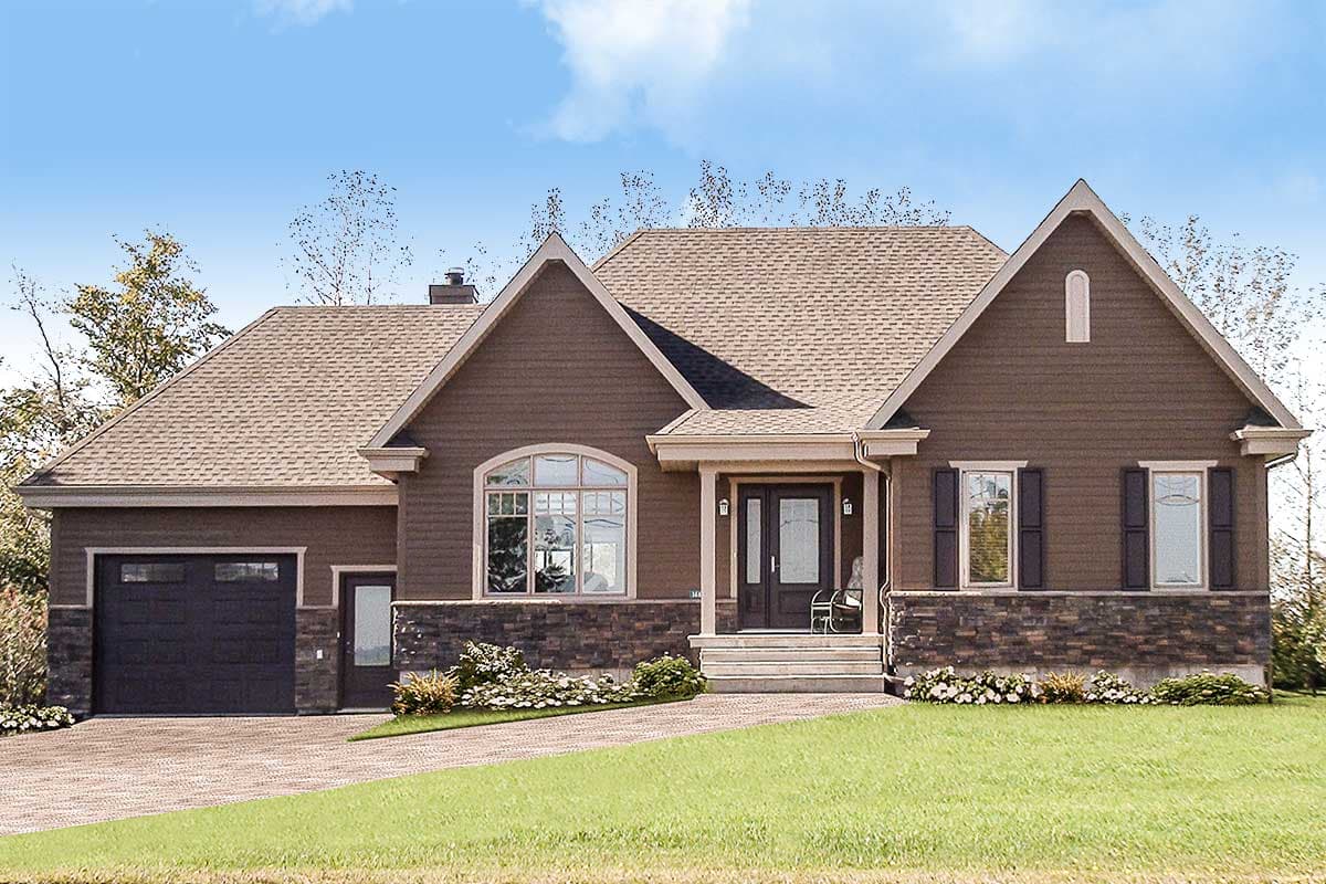 House plan exterior with two stories, a Craftsman style design, gables, and a front-facing garage. Features include a covered porch and stone accents.