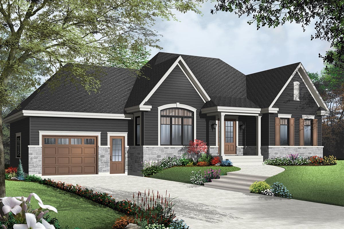 House plan exterior: One-story Modern Farmhouse with gabled roof, covered porch, stone foundation, and attached garage.