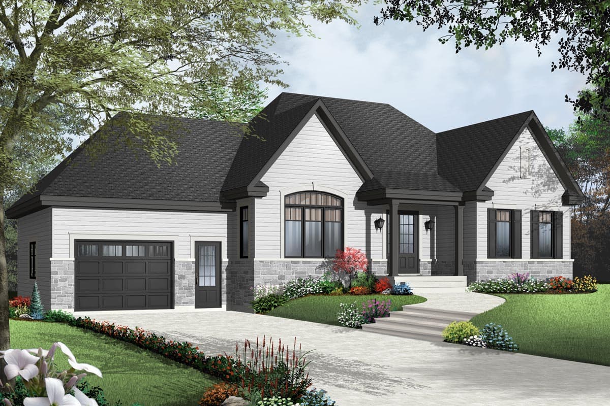 House plan exterior: Modern Ranch style, one story, white siding, stone accents, prominent gables, covered entry, attached garage.