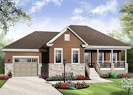 House plan exterior: one-story home with side-entry garage, stone wainscoting, covered front porch, and prominent gable.