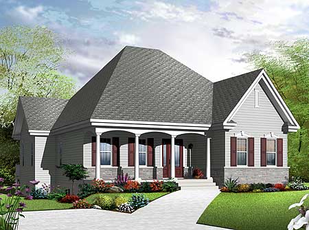 House plan exterior: one-story home with wrap-around porch, gabled dormers, and stone accent base.