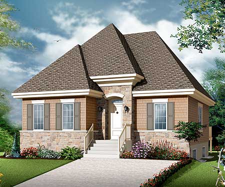 House plan exterior: Two-story home with stone and shingle siding, pitched roof with prominent gables, and front entrance stairs.