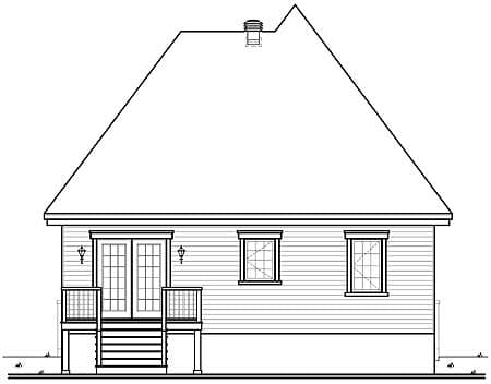 House plan side elevation with double doors, two windows, and a large gable roof.