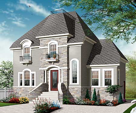 House plan exterior: Two-story home with mansard roof, stone accents, dormers, and small balconies above the entrance.