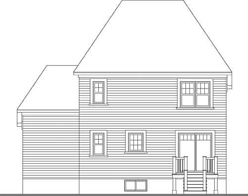 House plan rear elevation showing a two-story building with horizontal siding, a large gable roof, and a rear deck with sliding glass doors.