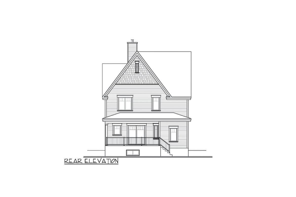 Rear elevation drawing of a two-story house with a gabled dormer, prominent chimney, and covered porch with railing.