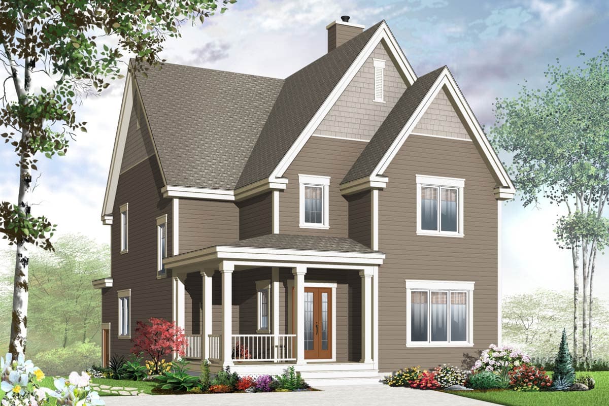 House plan exterior of two-story home with covered porch, prominent gables, and lap siding.