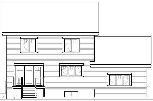 House plan elevation drawing: Rear view of a two-story home with double doors, stairs, railings, and multiple windows.