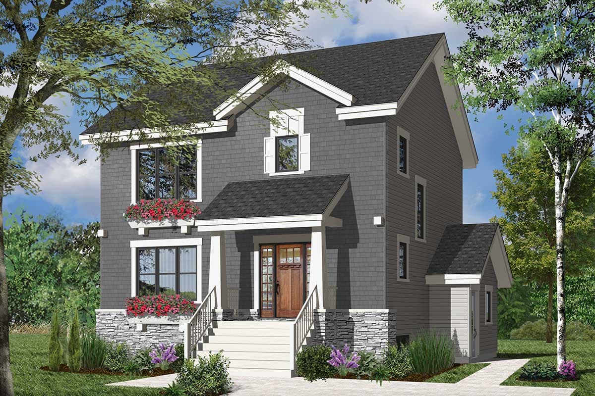 House plan exterior: Two-story modern home with gabled dormers, a covered front entry with double doors, stone skirting, and window boxes.