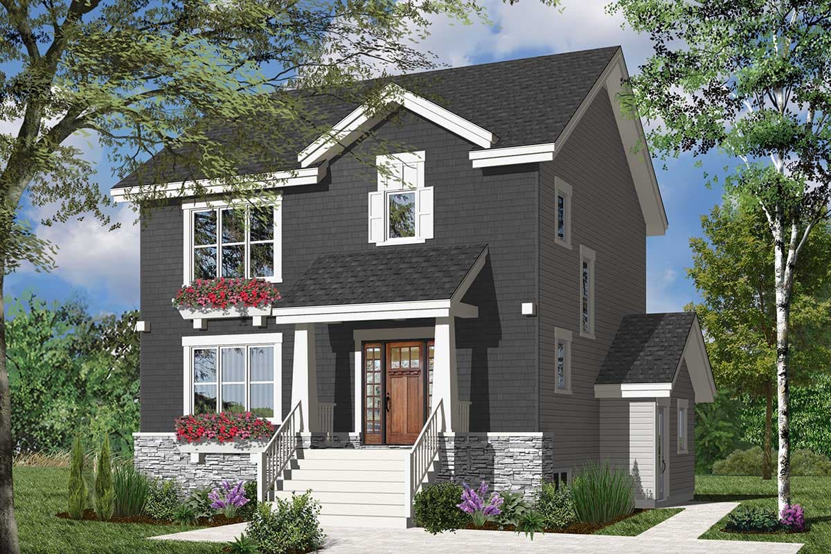 House plan exterior: Two-story home with a covered entry porch, dormer window, stacked stone accents, and a prominent gable.