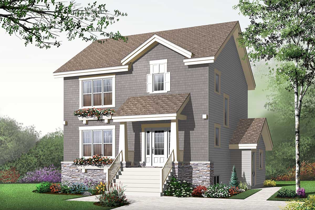 House plan exterior: two-story home with gabled dormer, covered front porch with columns, stacked stone foundation, and window boxes.