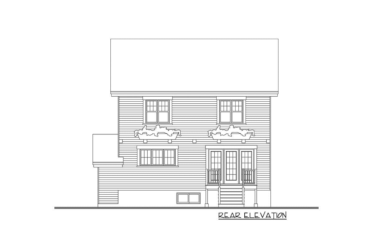 Rear elevation house plan drawing showing a two-story structure with double doors, windows, and a porch.