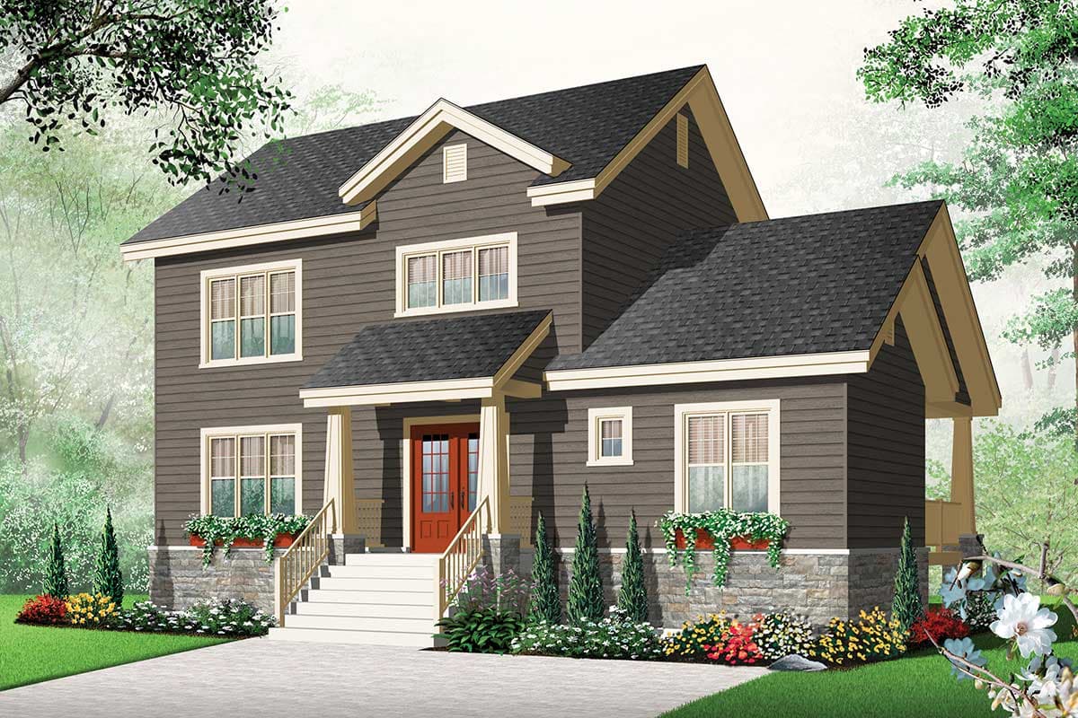 Two-story house plan exterior with stone base, covered entry porch with double doors, multiple gables, and dormer.