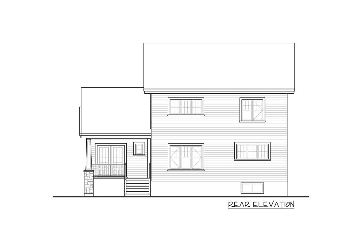 Rear elevation drawing of a two-story house plan with a rear porch, double doors, and multiple windows.