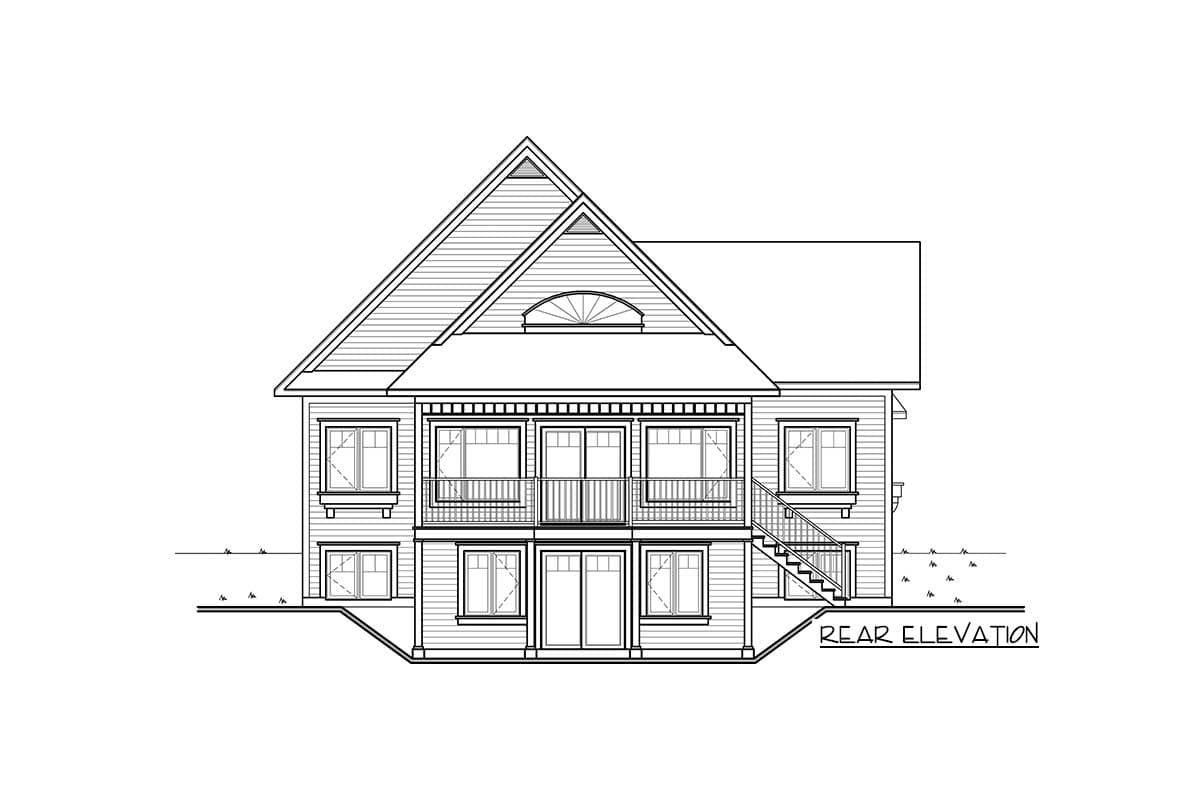 Rear elevation drawing of a two-story house plan featuring a prominent gable, arched dormer, and a split-level balcony with stairs.