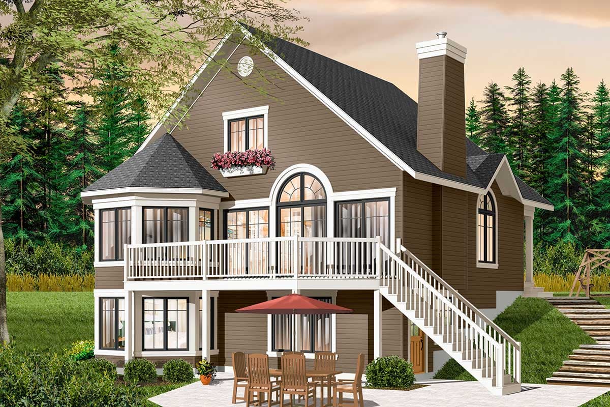 House plan exterior with two stories, gabled roof, a bay window, a wraparound deck, and a chimney.