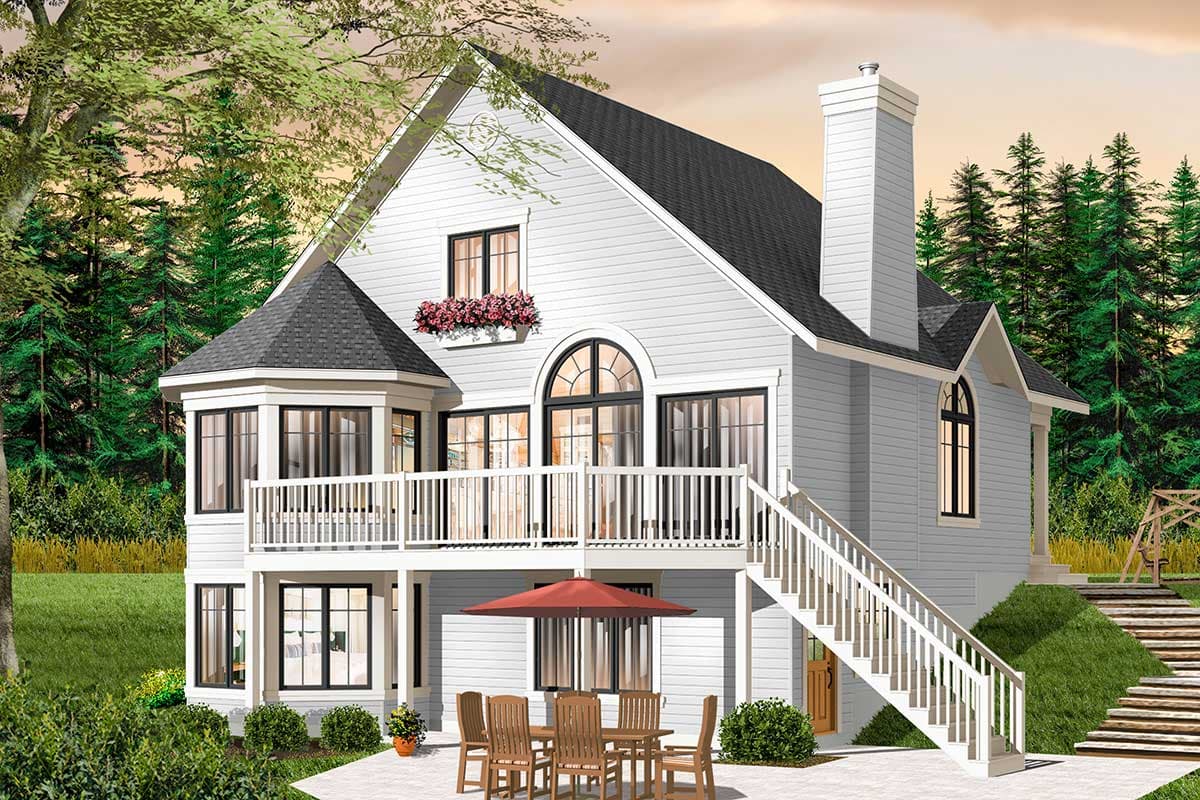House plan exterior showing a two-story home with a hexagonal bay window, deck, and prominent chimney.