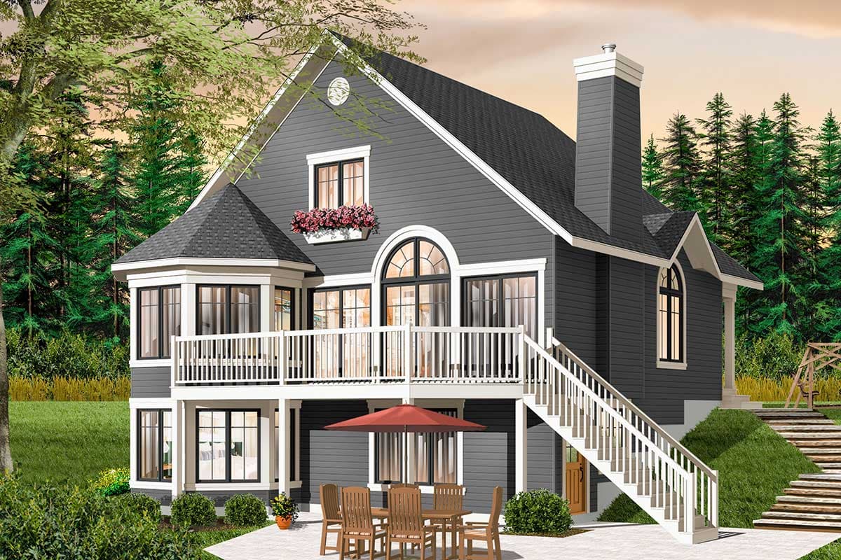 House plan exterior: two-story home with wraparound deck, large arched window, octagonal bay window, and prominent chimney.