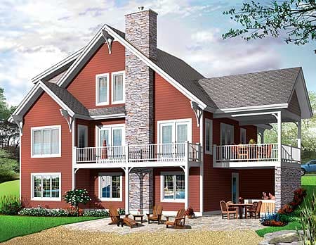 House plan exterior: two-story red home with stone chimney, multiple balconies, gables, and covered porch.