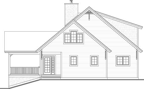 House plan exterior drawing showing a covered porch, multiple gables, and a prominent brick chimney.