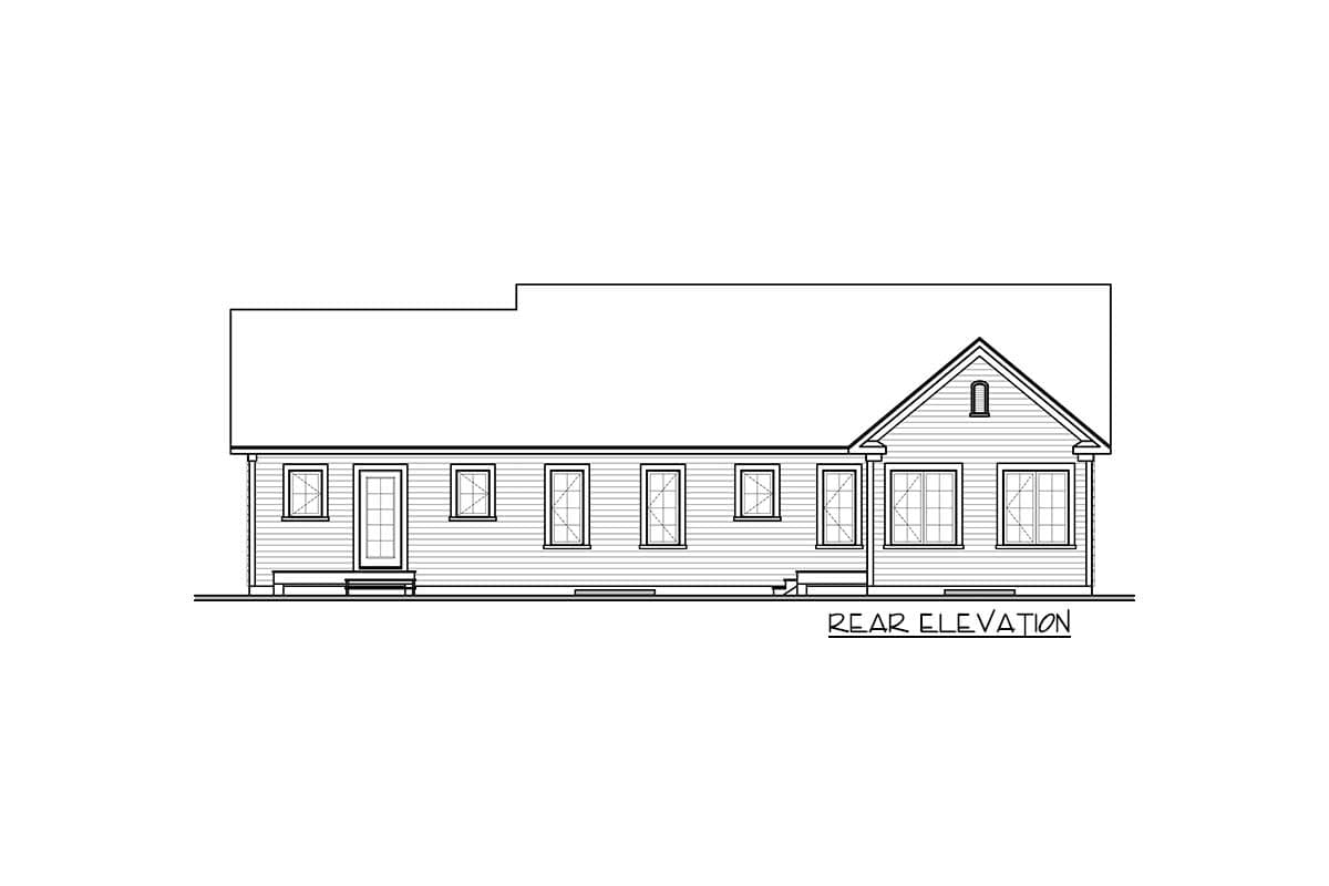 Rear elevation drawing of a one-story house plan with a gable dormer and multiple windows.