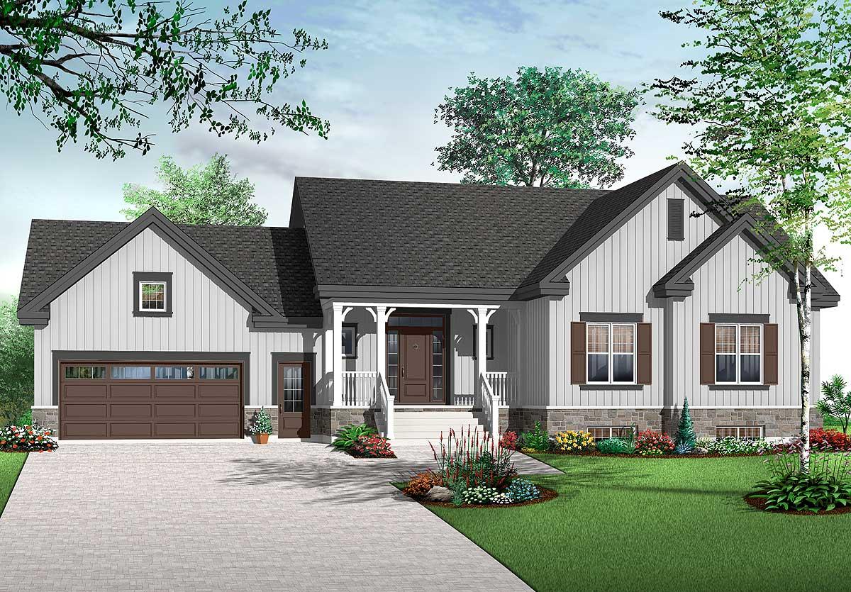 House plan exterior: Modern Farmhouse style, two stories, front-facing garage, covered porch, gables, and stone foundation.