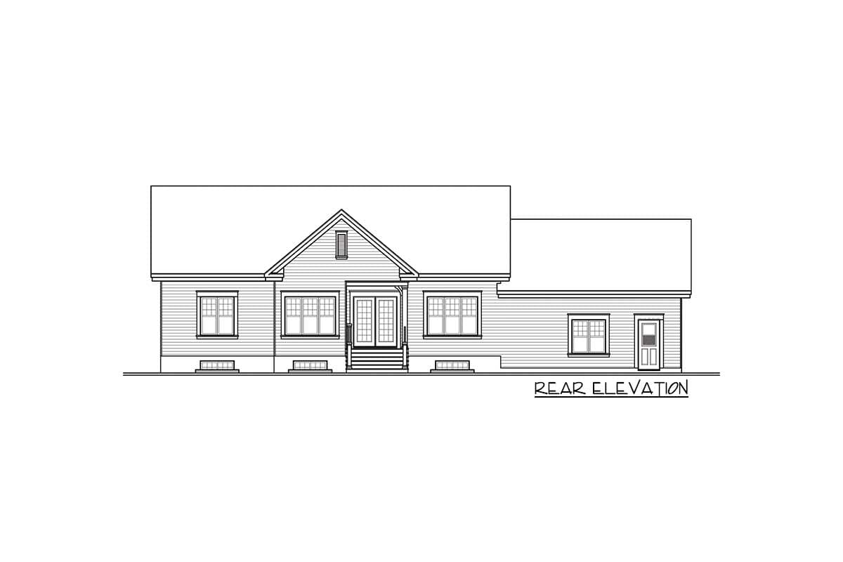 Rear elevation house plan for a one-story home with double doors, multiple windows, and gabled dormer.