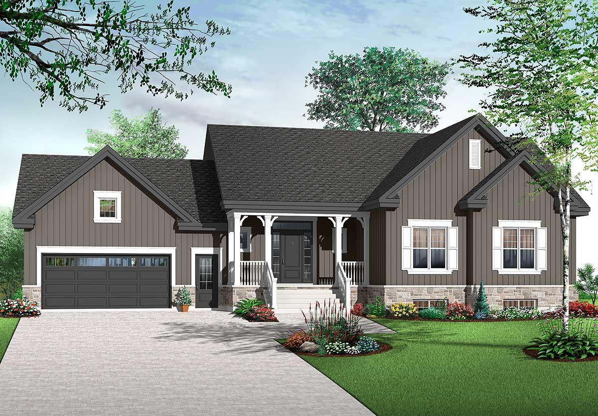 House plan exterior: One-story modern farmhouse with covered entry porch, gable rooflines, stone accents, and attached garage.