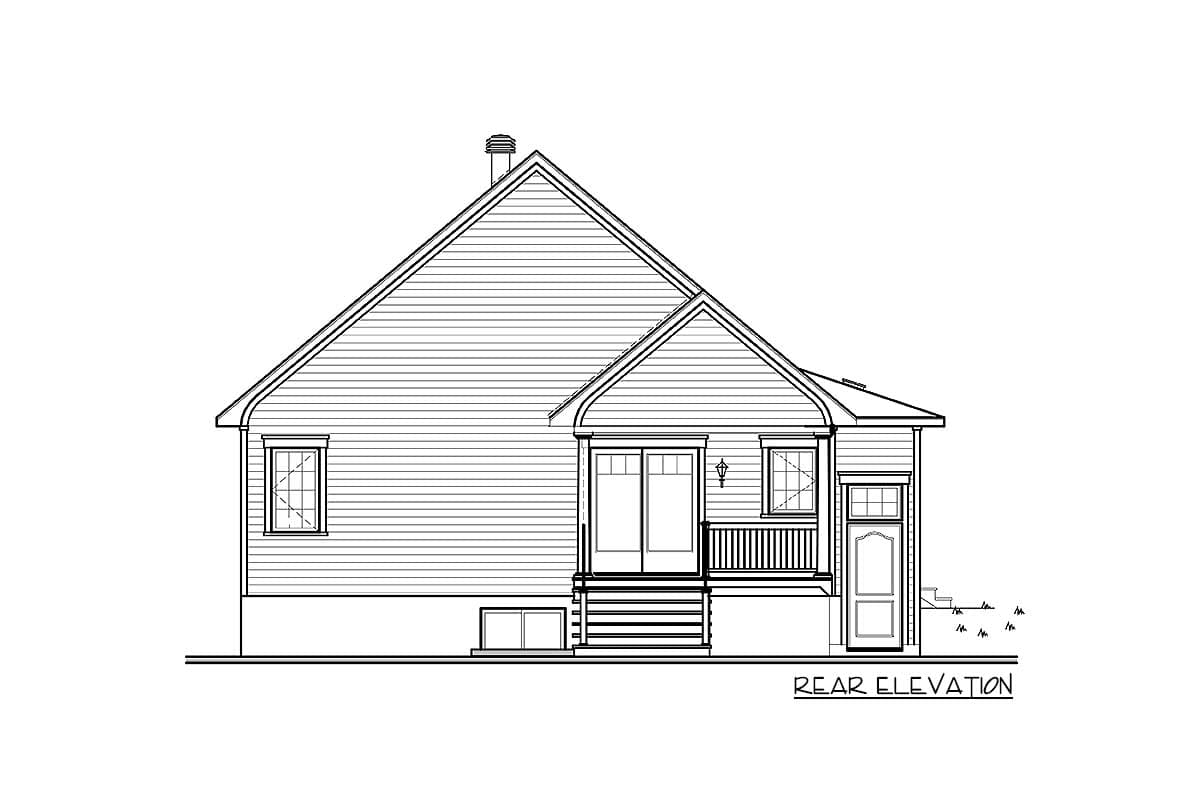 Rear elevation drawing of a house plan featuring siding, gabled roof, chimney, sliding door, and a single door entrance.