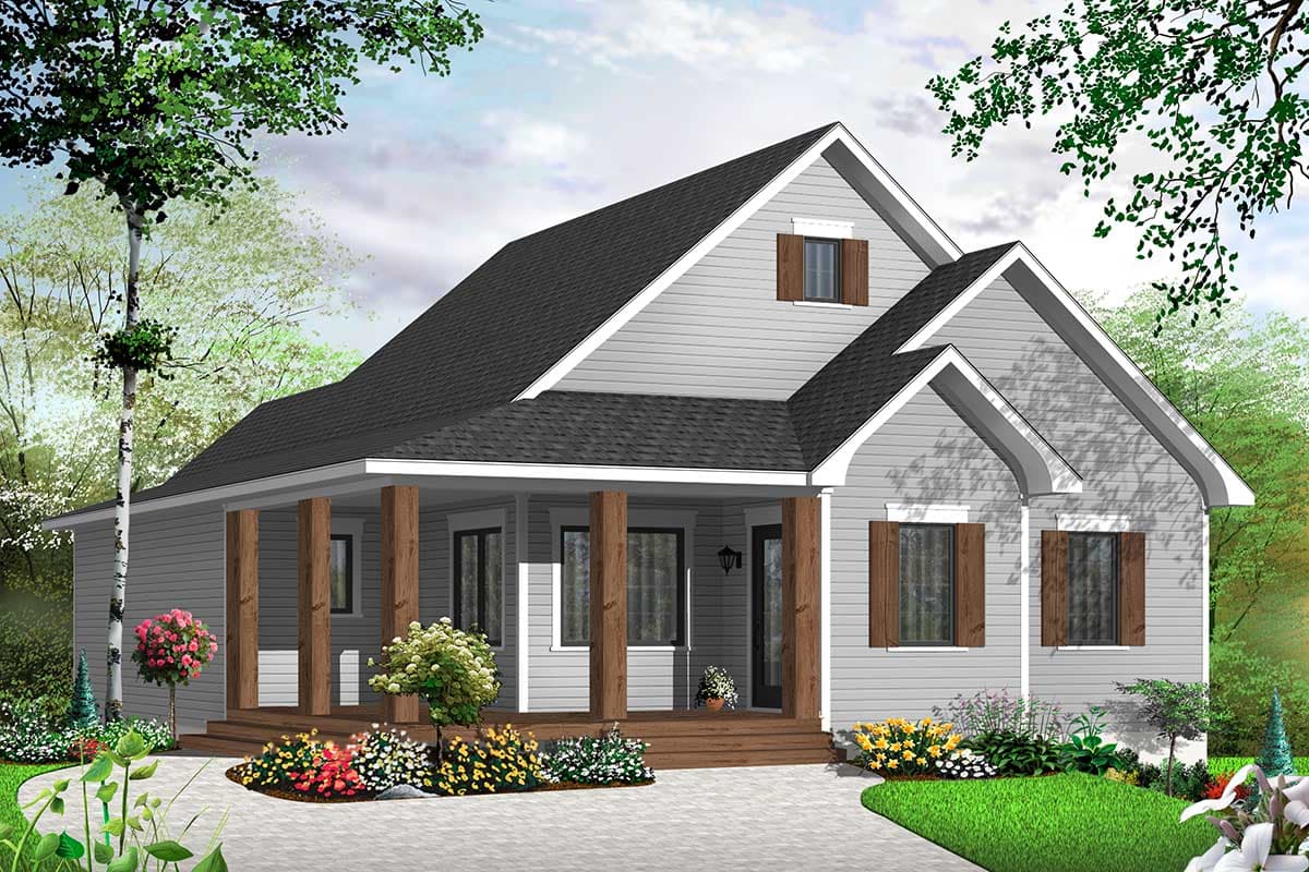 House plan exterior of a one-story home with a covered porch supported by timber posts, multiple gables, and decorative shutters.