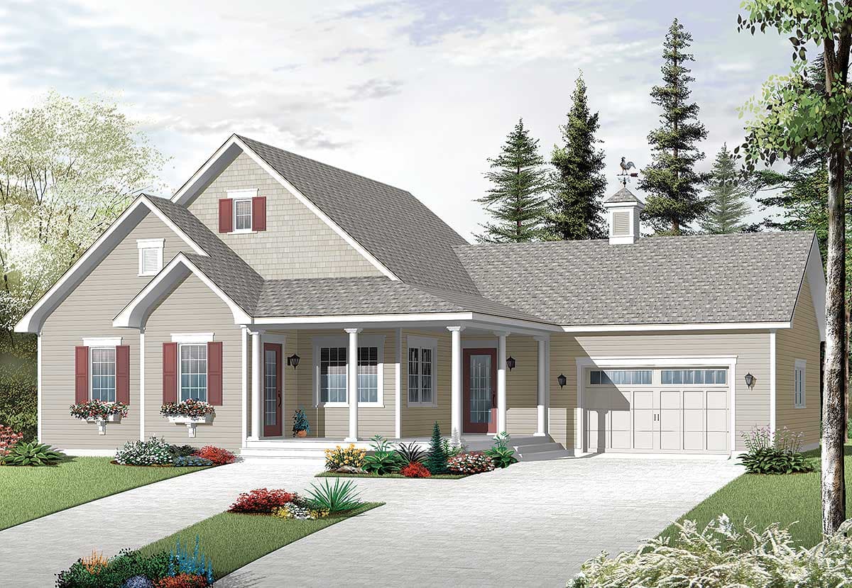 House plan exterior: One-story Modern Farmhouse with covered front porch, gables, dormers, and attached two-car garage.