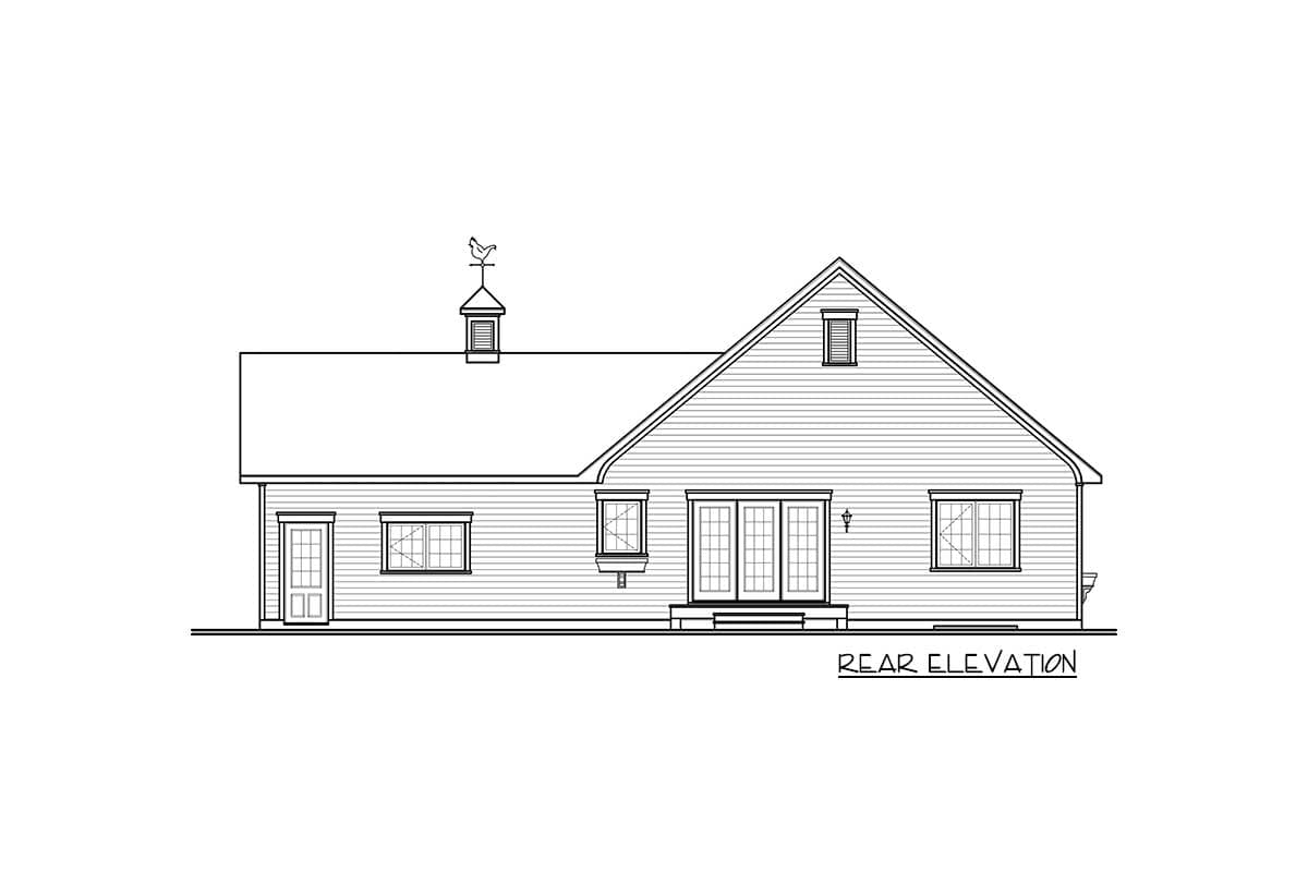 Rear elevation drawing of a house plan featuring a cupola with a weather vane, dormer, and double doors.